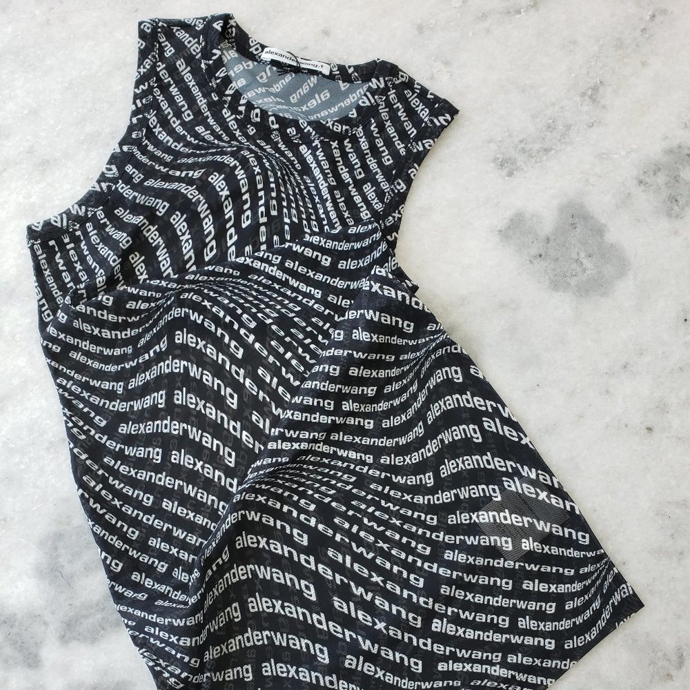 New Alexander Wang Sleeveless Dress in Stretch Logo Mesh Black/White